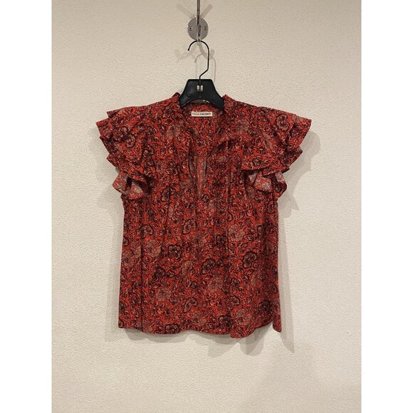 Ulla Johnson Gabi Shirt Womens 0 Red Floral Ruffle Flutter Sleeve Boho Blouse - Picture 2 of 5